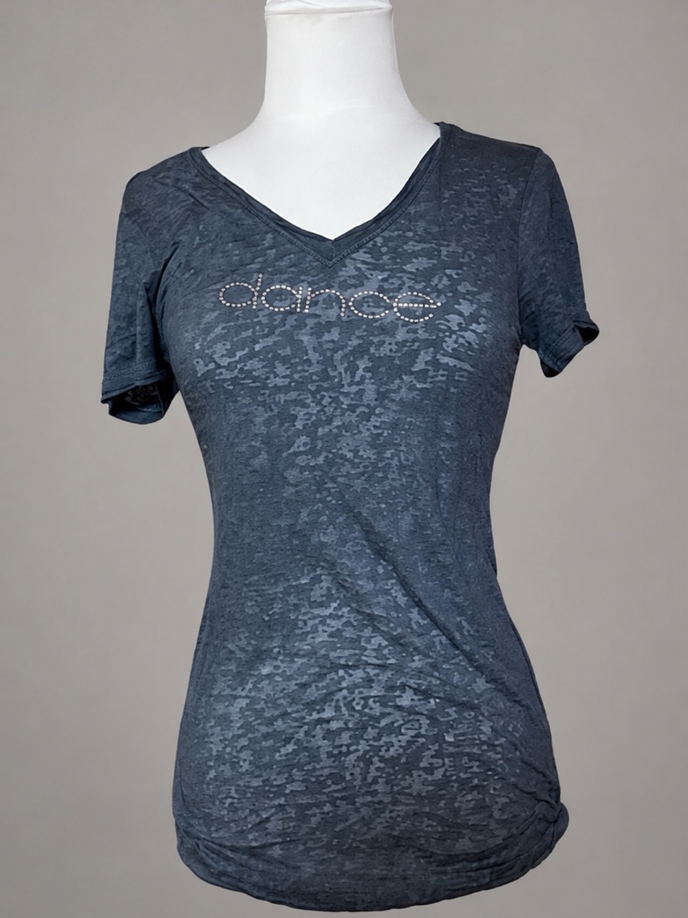 3 Pearls XL Blue Burnt Velvet Pattern Dance Rhinestone Embellished Top